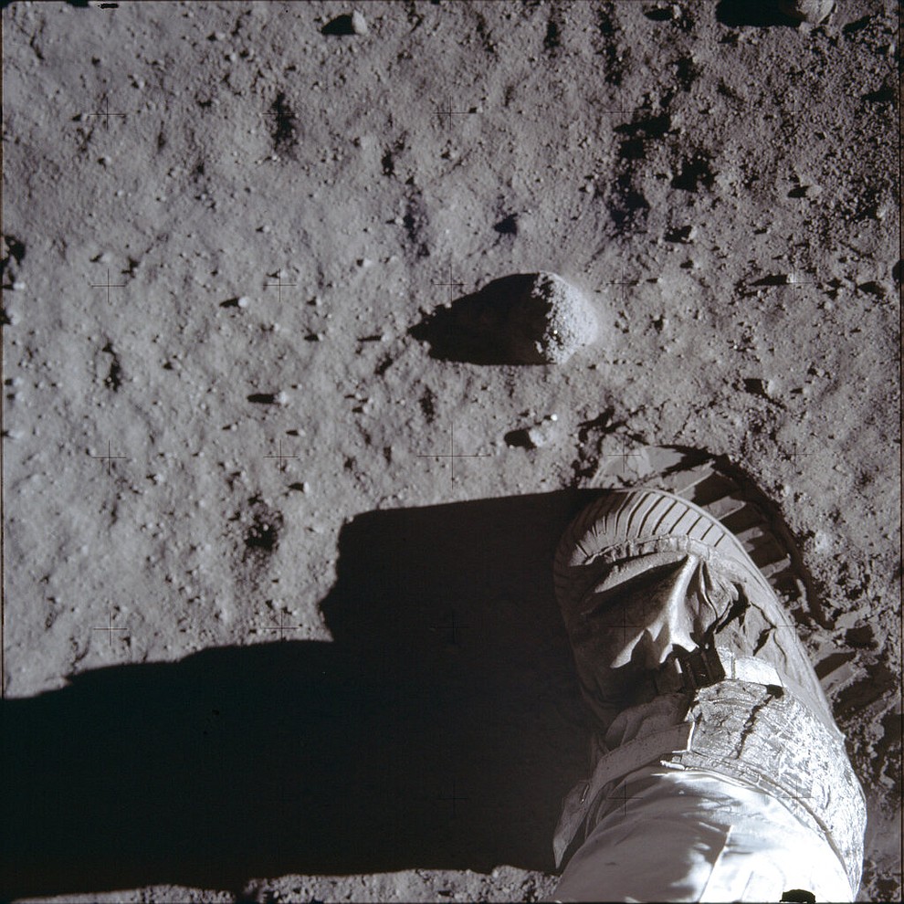  This July 20, 1969 photo made available by NASA shows Buzz Aldrins boot and bootprint during a test of the lunar soil during the Apollo 11 extravehicular activity. (Buzz Aldrin/NASA via AP)