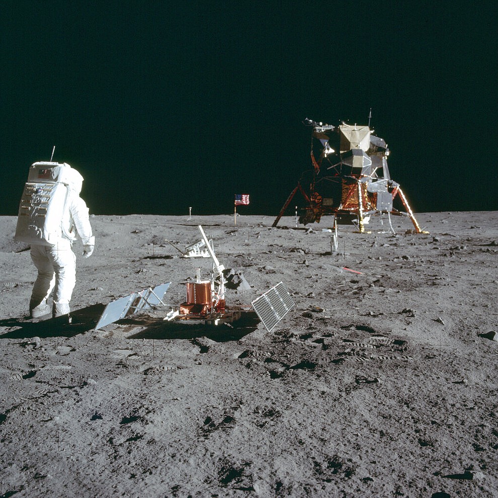 In this July 20, 1969 photo made available by NASA, astronaut Buzz Aldrin Jr. stands next to the Passive Seismic Experiment device on the surface of the the moon during the Apollo 11 mission. (Neil Armstrong/NASA via AP)