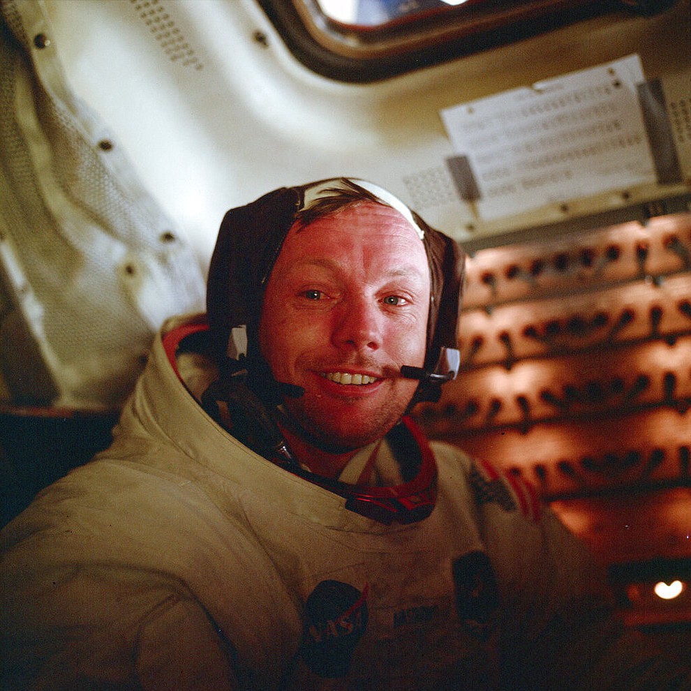 In this July 21, 1969 photo made available by NASA, astronaut Neil Armstrong, Apollo 11 commander, sits inside the Lunar Module after he and Buzz Aldrin completed their extravehicular activity on the surface of the moon. (Buzz Aldrin/NASA via AP)