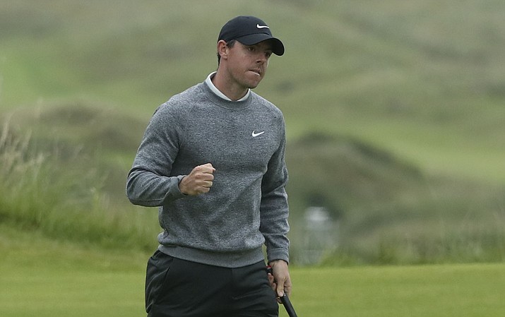 Northern Ireland’s Rory McIlroy reacts after getting a birdie on the 16th green during the second round of the British Open at Royal Portrush in Northern Ireland, Friday, July 19, 2019. (Jon Super/AP)