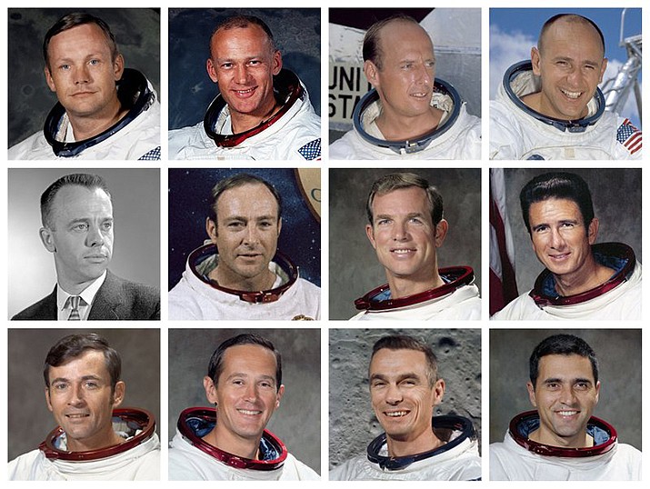 The 12 men who walked on the moon. Top row from left are Neil Armstrong, Apollo 11 - 1969; Edwin “Buzz” Aldrin, Apollo 11 - 1969; Charles “Pete” Conrad, Apollo 12 - 1969 and Alan L. Bean, Apollo 12 - 1969. Middle row from left are Alan Shepard, Apollo 14 - 1971; Edgar D. Mitchell, Apollo 14 - 1971; David Scott, Apollo 15 - 1971 and James B. Irwin, Apollo 15 - 1971. Bottom row from left are John Young, Apollo 16 - 1972; Charles M. Duke Jr., Apollo 16 - 1972; Eugene A. Cernan, Apollo 17 - 1972 and Harrison “Jack” Schmitt, Apollo 17 - 1972. (NASA)