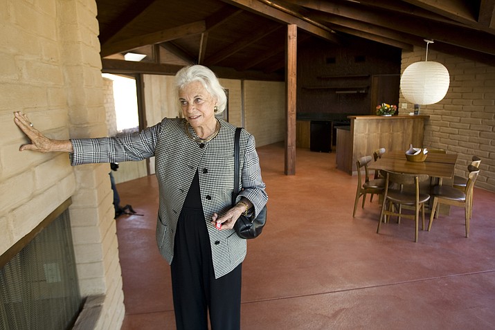 Retired Supreme Court Justice Sandra Day O'Connor shows her 1958 adobe home that was moved and restored at the Arizona Historical Society Museum on March 1, 2010, in Tempe. O'Connor's 1950s adobe home in metro Phoenix is being listed on the National Register of Historic Places. (David Wallace/The Arizona Republic via AP)