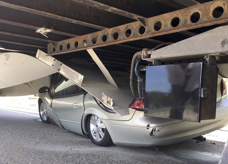 Driver suffers minor injuries when car slides under truck The Daily