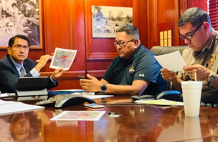 Navajo Nation President Jonathan Nez (left) met with state, county, tribal, fire and city of Flagstaff officials during a meeting a community meeting July 23 at Flagstaff High School to discuss the Museum Fire burning near Flagstaff. (Photo/Office of the President and Vice President)