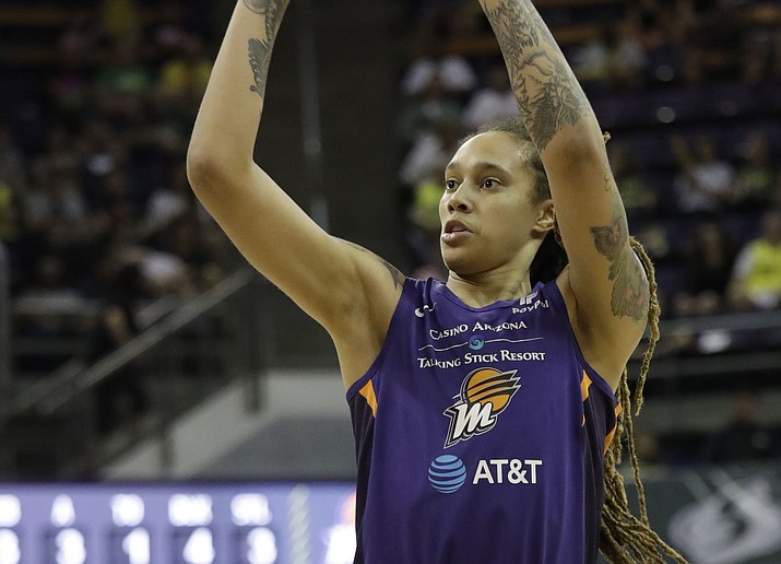 Phoenix Mercury’s Brittney Griner in action against the Seattle Storm during a WNBA game Sunday, June 30, 2019, in Seattle. Griner will patake in the Skills Challenge during All-Star Friday night, July 26, in Las Vegas. (Elaine Thompson/AP)