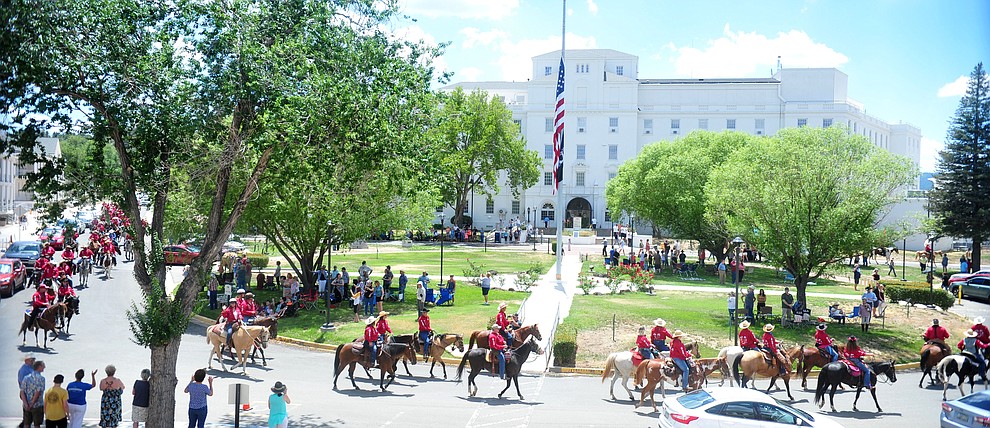The Prescott Long Riders ride through the VA Hospital in Prescott Saturday July 27, 2019. (Les Stukenberg/Courier)