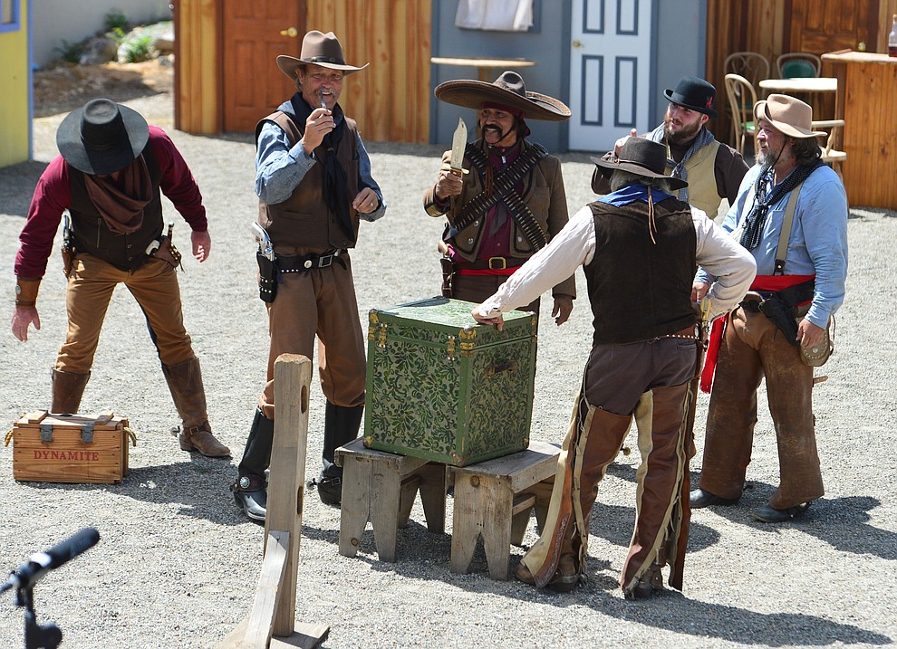 The Superstition Mountain Regulators perform a skit the Whiskey Row Shootout in downtown Prescott Saturday July 27, 2019. (Les Stukenberg/Courier)