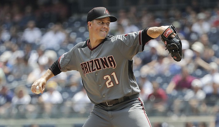 Arizona D-backs’ Zack Greinke delivers a pitch during the first inning of a game against the New York Yankees Wednesday, July 31, 2019, in New York. (Frank Franklin II/AP)