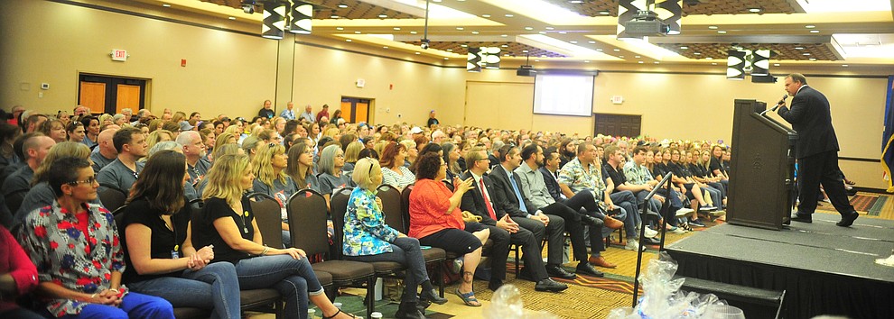 Assistant Superintendent Cole Young talks to the 805 employess as the Humboldt Unified School District held their 5th convocation at the Prescott Resort Friday, August 2, 2019. (Les Stukenberg/Courier)