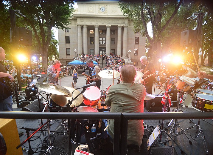 Road One South plays for the National Night Out Kickoff on the Yavapai County Courthouse plaza Friday, Aug. 2, 2019, in downtown Prescott. The goal of Friday’s event is to highlight and remind community members about National Night Out and provide an opportunity for the public to meet various law-enforcement agencies in one place. The Yavapai County Sheriff’s Office, as well as police departments from Prescott, Prescott Valley, Chino Valley, Yavapai-Prescott Tribe, the Attorney General’s office and others hosted the event. Sheriff’s Office volunteers also will be on hand. (Les Stukenberg/Courier)