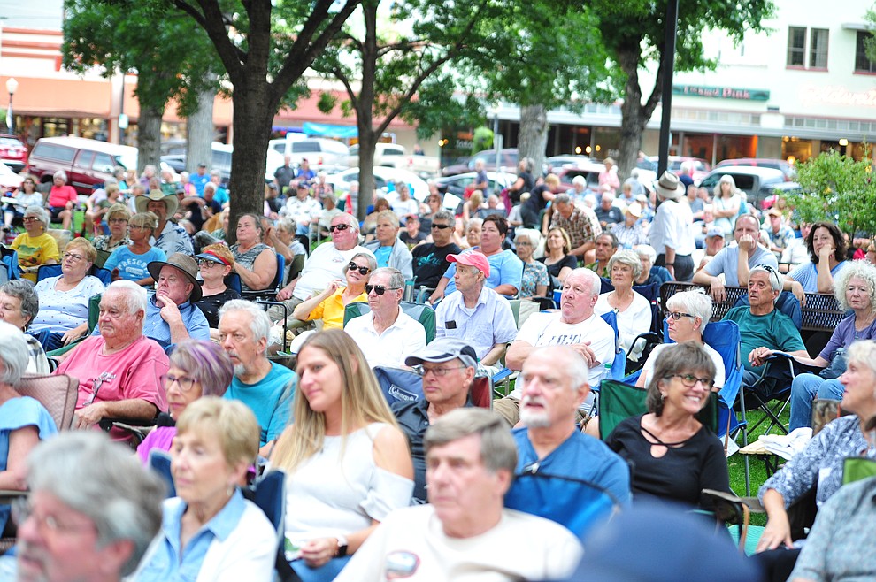 Road One South plays for several hundred people for the National Night Out Kickoff on the Yavapai County Courthouse plaza Friday, August 2, 2019, in downtown Prescott. (Les Stukenberg/Courier)