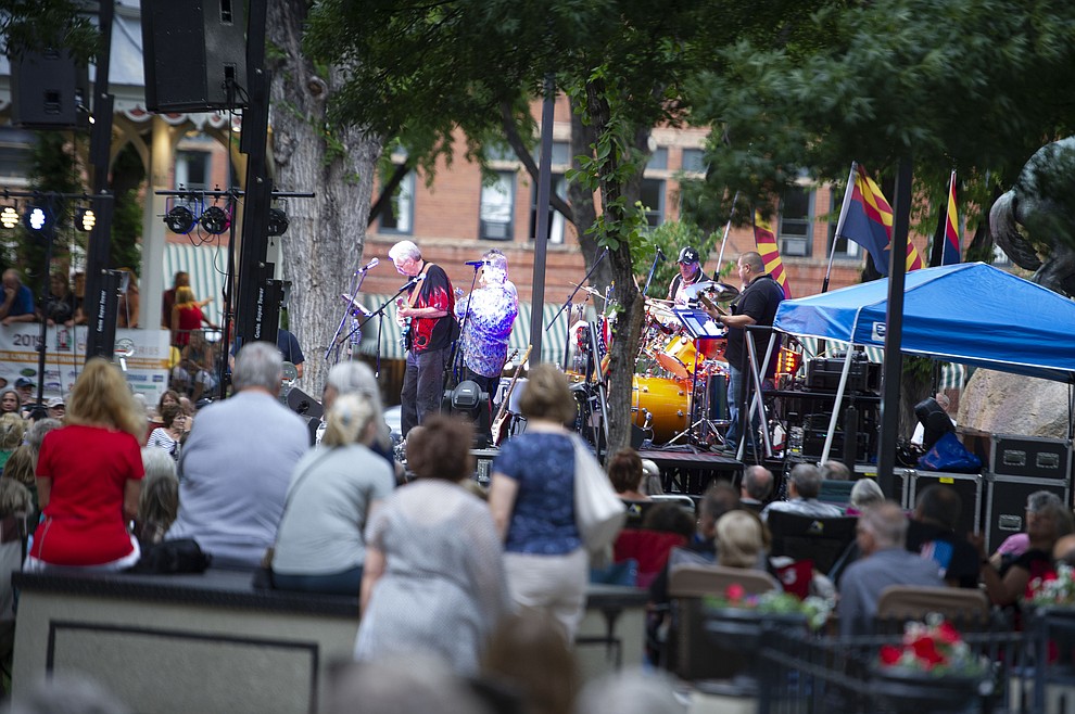 Road One South plays for several hundred people for the National Night Out Kickoff on the Yavapai County Courthouse plaza Friday, August 2, 2019, in downtown Prescott. (Les Stukenberg/Courier)