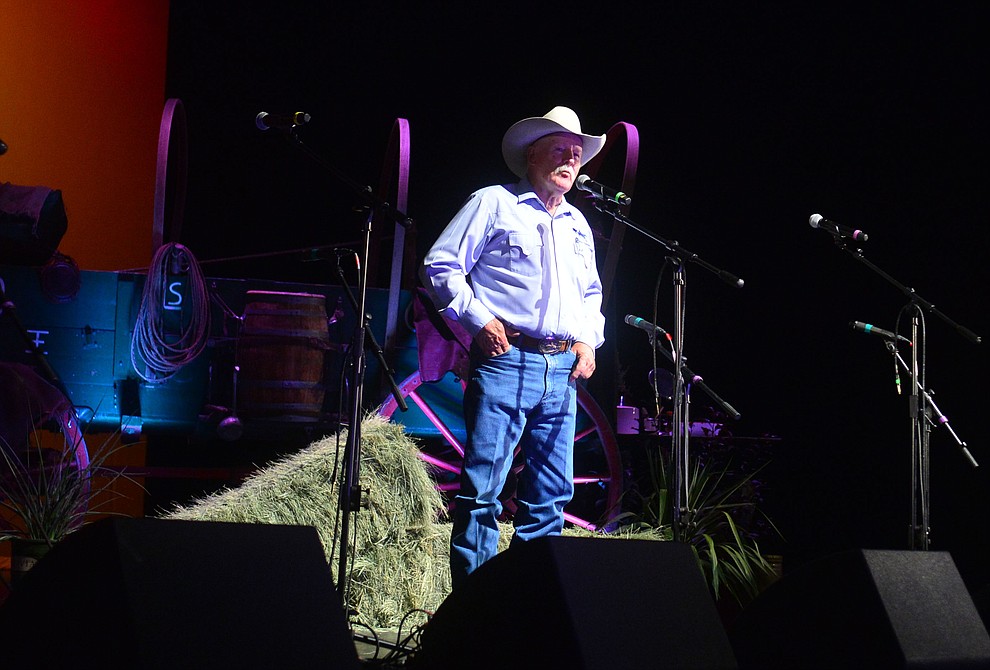 Chris Isaacs recites The Flying Horse in the opening ceremonies at the 32nd Annual Arizona Cowboy Poets Gathering Friday, August 9, 2019, being held at the Prescott campus of Yavapai College. The event continues Saturday with workshops from 9 a.m. to 5 p.m. and a show, tickets required, at the Performance Hall at 7 p.m. featuring Mark Munzert, Gail Steiger, Jay Snider and The Cowboy Way Trio. (Les Stukenberg/Courier)
