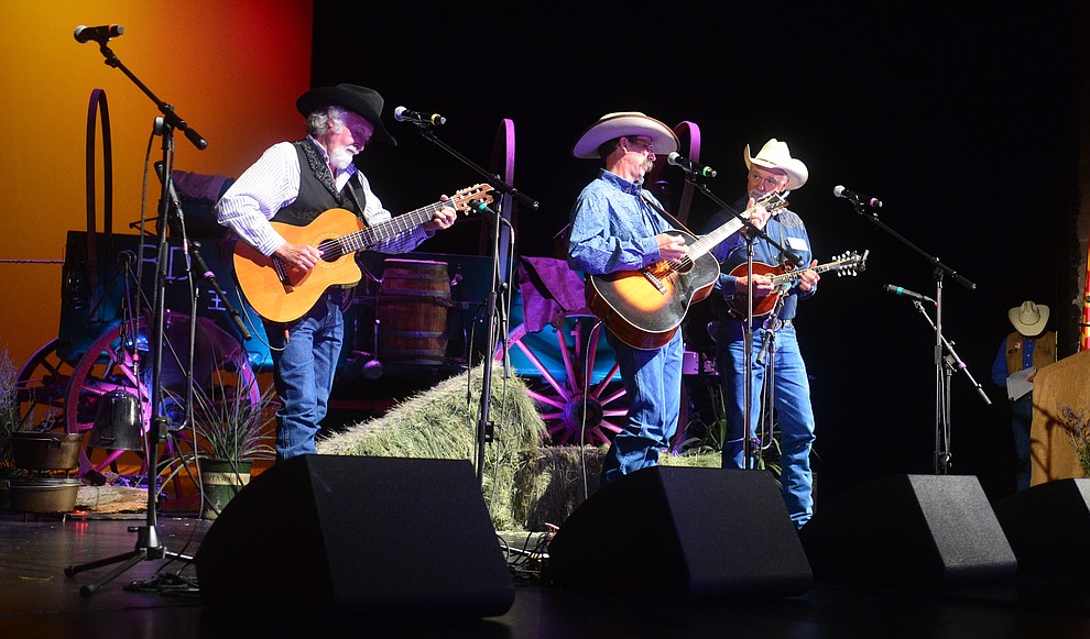 The Cowboy Way Trio performs in the opening ceremony at the 32nd Annual Arizona Cowboy Poets Gathering Friday, August 9, 2019, being held at the Prescott campus of Yavapai College. The event continues Saturday with workshops from 9 a.m. to 5 p.m. and a show, tickets required, at the Performance Hall at 7 p.m. featuring Mark Munzert, Gail Steiger, Jay Snider and The Cowboy Way Trio. (Les Stukenberg/Courier)
