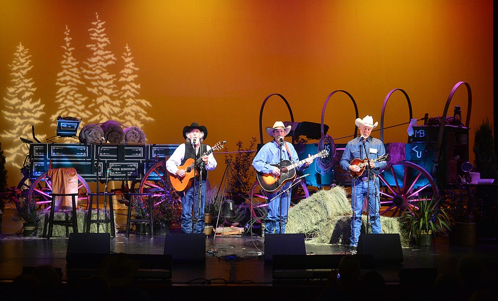 The Cowboy Way Trio performs in the opening ceremony at the 32nd Annual Arizona Cowboy Poets Gathering Friday, August 9, 2019, being held at the Prescott campus of Yavapai College. The event continues Saturday with workshops from 9 a.m. to 5 p.m. and a show, tickets required, at the Performance Hall at 7 p.m. featuring Mark Munzert, Gail Steiger, Jay Snider and The Cowboy Way Trio. (Les Stukenberg/Courier)