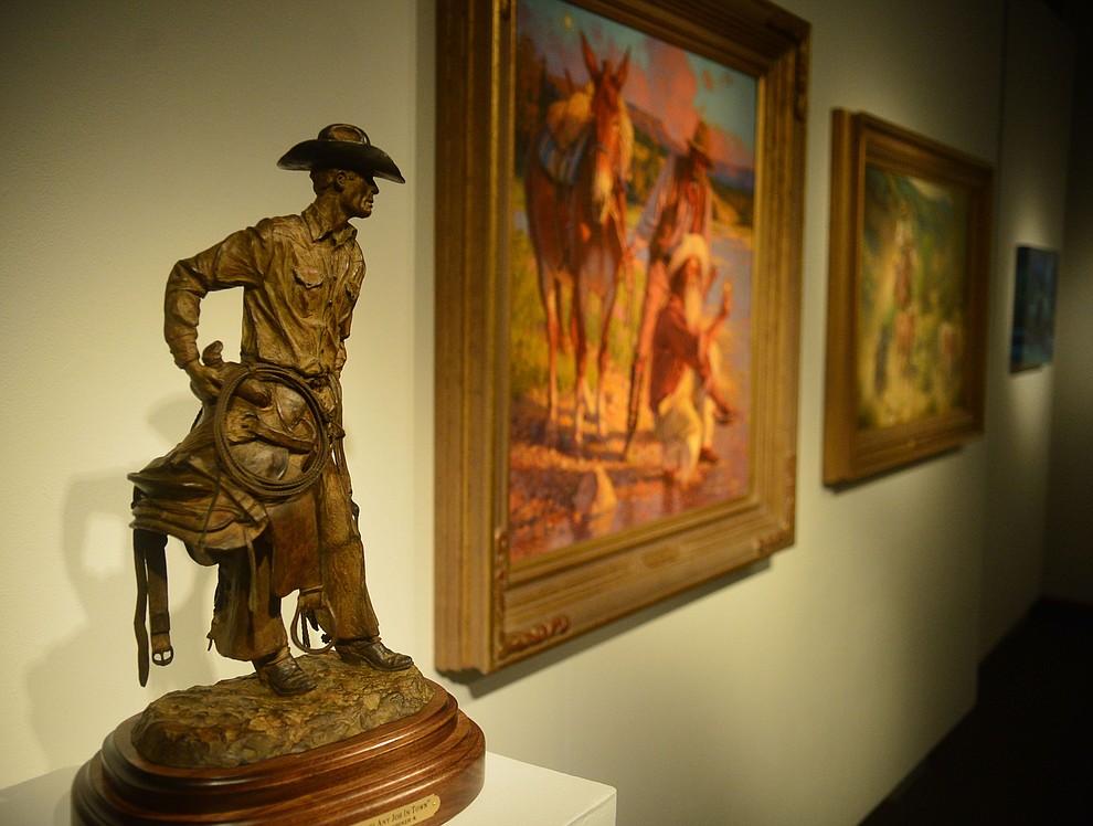 Artists Joe Netherwood, Bill Nebeker, Steve Atkinson, Shawn Cameron and Marless Fellows have artwork on display in the Yavapai College Gallery at the 32nd Annual Arizona Cowboy Poets Gathering Friday, August 9, 2019, being held at the Prescott campus of Yavapai College. The event continues Saturday with workshops from 9 a.m. to 5 p.m. and a show, tickets required, at the Performance Hall at 7 p.m. featuring Mark Munzert, Gail Steiger, Jay Snider and The Cowboy Way Trio. (Les Stukenberg/Courier)