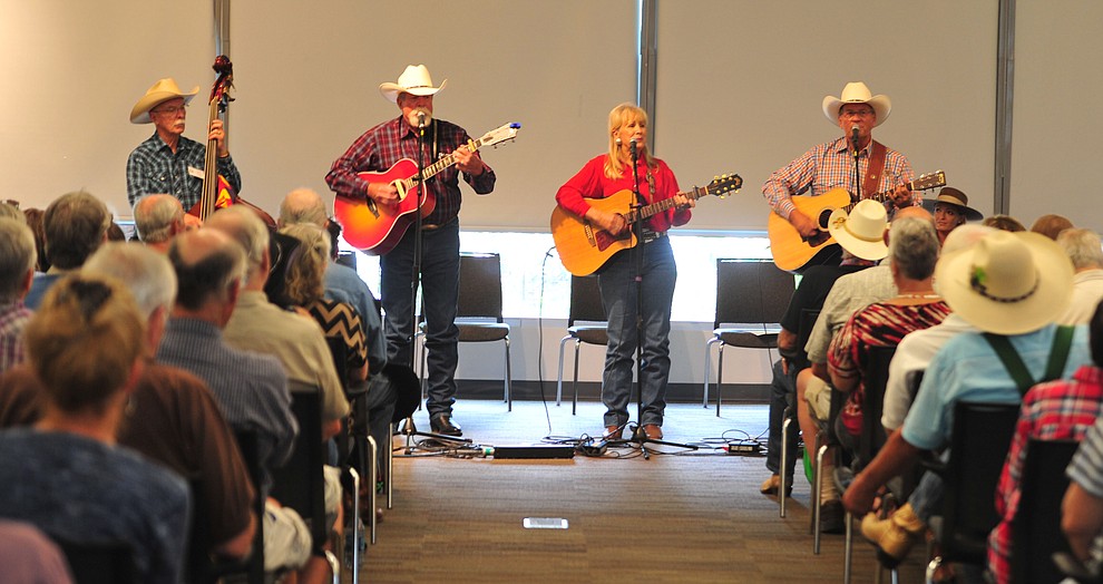 The Rusty Pistols Reloaded perform in the first breakout session at the 32nd Annual Arizona Cowboy Poets Gathering Friday, August 9, 2019, being held at the Prescott campus of Yavapai College. The event continues Saturday with workshops from 9 a.m. to 5 p.m. and a show, tickets required, at the Performance Hall at 7 p.m. featuring Mark Munzert, Gail Steiger, Jay Snider and The Cowboy Way Trio. (Les Stukenberg/Courier)