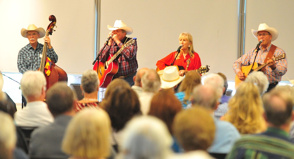 The Rusty Pistols Reloaded perform in the first breakout session at the 32nd Annual Arizona Cowboy Poets Gathering Friday, August 9, 2019, being held at the Prescott campus of Yavapai College. The event continues Saturday with workshops from 9 a.m. to 5 p.m. and a show, tickets required, at the Performance Hall at 7 p.m. featuring Mark Munzert, Gail Steiger, Jay Snider and The Cowboy Way Trio. (Les Stukenberg/Courier)