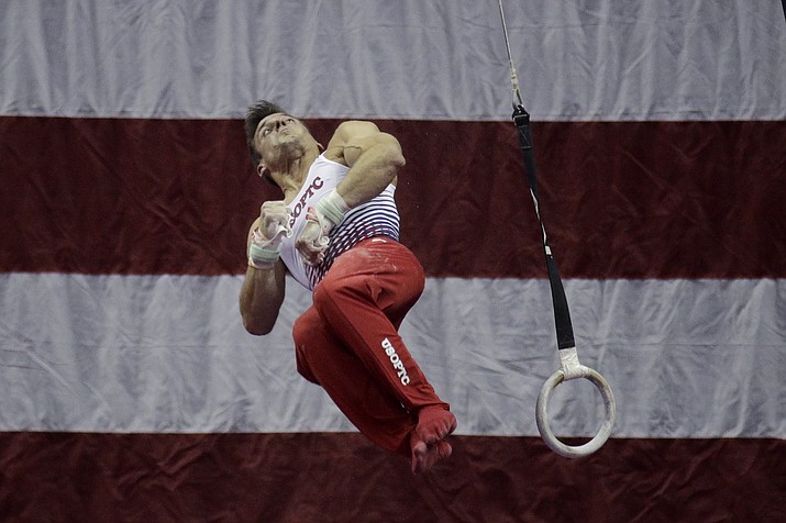 Sam Mikulak competes on the rings during the U.S. Gymnastics Championships on Thursday, Aug. 8, 2019, in Kansas City, Mo. (Charlie Riedel/AP)