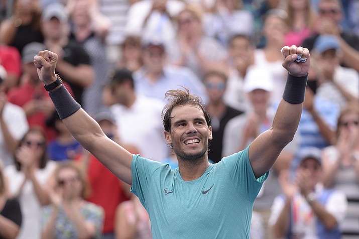 Spain’s Rafael Nadal celebrates his win over Russia’s Daniil Medvedev in the final of the Rogers Cup tennis tournament in Montreal, Sunday, Aug. 11, 2019. (Paul Chiasson/The Canadian Press via AP)