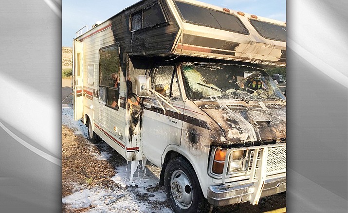 An RV was destroyed by fire in the Sheeps Crossing day use campground near Cottonwood on Aug. 8, 2019. (YCSO/Courtesy)