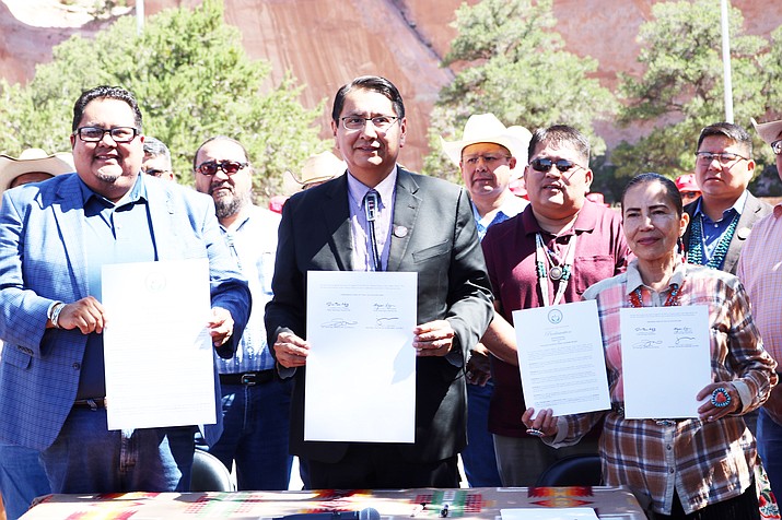 From left: Speaker of the 24th Navajo Nation Council Seth Damon, President Jonathan Nez and Chief Justice JoAnn Jayne attend a signing ceremony declaring “Navajo Nation Code Talkers Week” at the Navajo Veterans Memorial Park in Window Rock, Arizona, Aug. 12. (Photo/Navajo Nation)