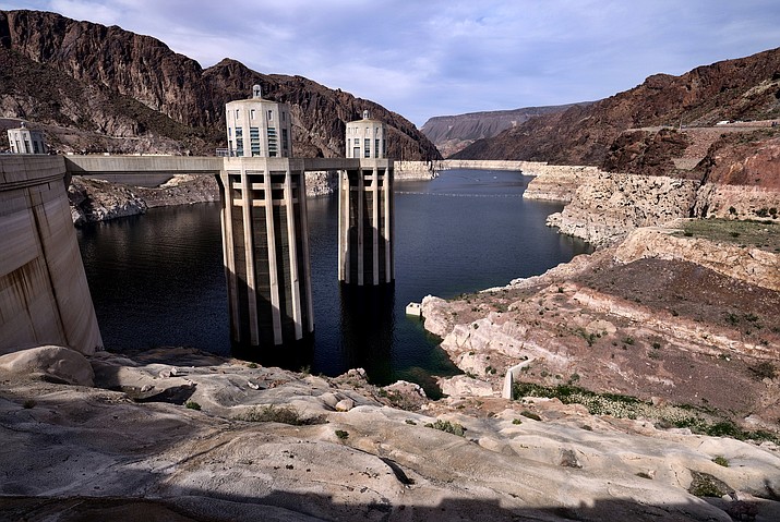 This March 26, 2019 photo shows the water level of the Colorado River, as seen from the Hoover Dam. (Richard Vogel/AP)