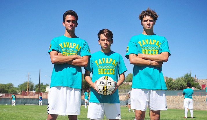 Yavapai soccer’s, from left, Brandon Fischer, Kevyn Lo and Gabriel Claudio pose for a photo during practice Monday, August 19, 2019, at Ken Lindley Field in downtown Prescott. (Les Stukenberg/Courier)