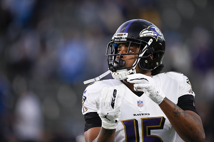 Baltimore Ravens wide receiver Michael Crabtree warms up before an game against the Los Angeles Chargers in Carson, Calif., Sunday, Dec. 23, 2018. (Kelvin Kuo/AP, File)