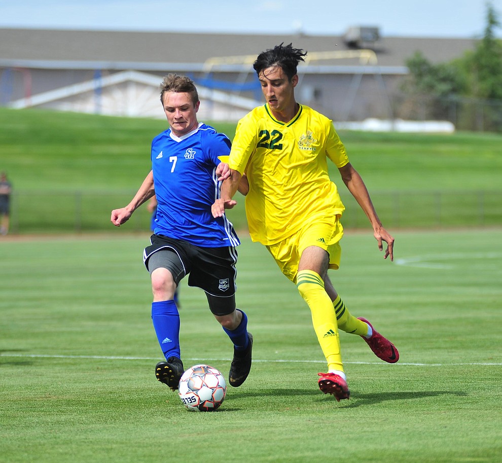 Yavapai's Manuel Quiroz drives the ball forward enroute to the first goal as the Roughriders host South Mountain Community College Thursday, August 22, 2019, in Prescott Valley. (Les Stukenberg/Courier)