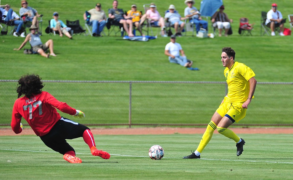 Yavapai's Paul Fulop tries to beat the goaltender as the Roughriders host South Mountain Community College Thursday, August 22, 2019, in Prescott Valley. (Les Stukenberg/Courier)