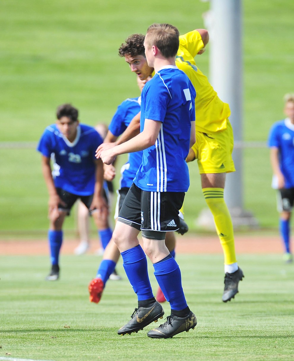 Yavapai's Tucker Fenton scores the second goal as the Roughriders host South Mountain Community College Thursday, August 22, 2019, in Prescott Valley. (Les Stukenberg/Courier)