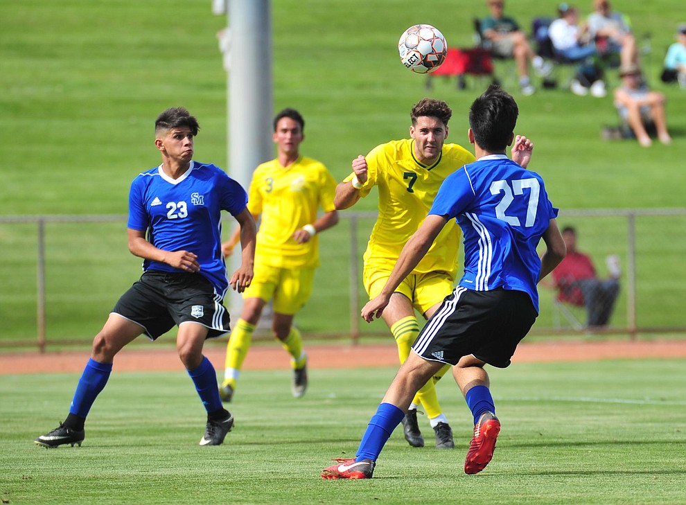 Yavapai's Tucker Fenton heads the ball forward as the Roughriders host South Mountain Community College Thursday, August 22, 2019, in Prescott Valley. (Les Stukenberg/Courier)