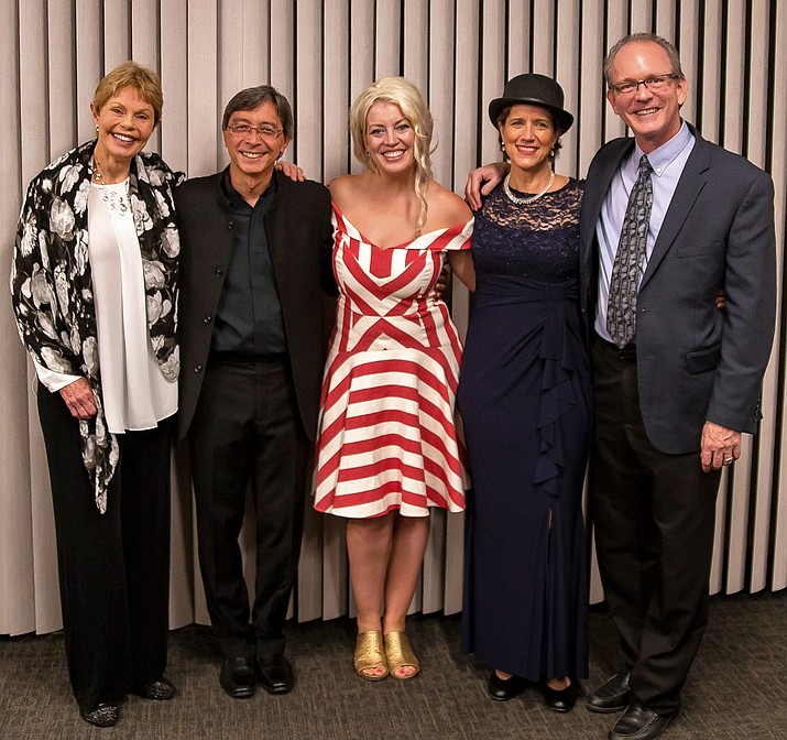 Following the inaugural concert of the Arizona Philharmonic in August 2018, the major players in the new organization pose for a photo. From left are Toni Tennille, Peter Bay, Sarajane Dailey, Maria Flurry and Henry Flurry. (Arizona Philharmonic/Courtesy)