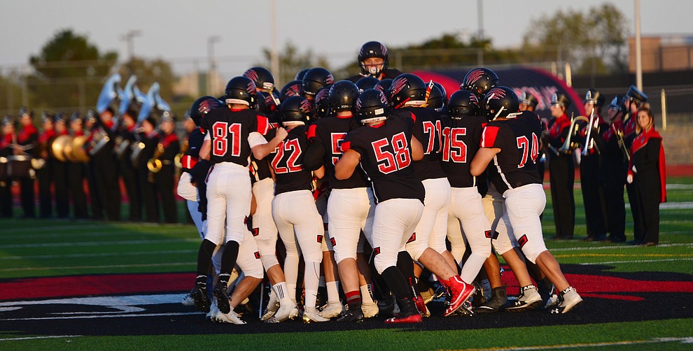 Bradshaw Mountain players take the field as the Bears host Estrella Foothills in their 2019 football home opener Friday, Aug. 23, 2019, in Prescott Valley. (Les Stukenberg/Courier)