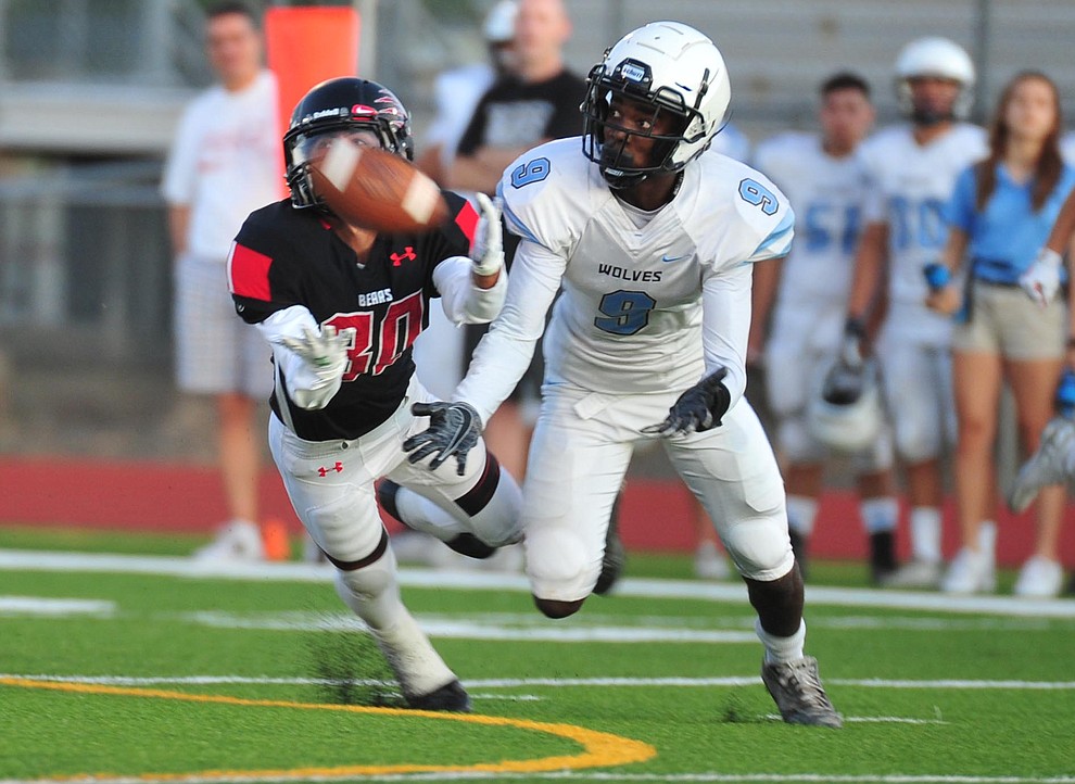 Bradshaw Mountain's Ismael Solano breaks up a pass as the Bears host Estrella Foothills in their 2019 football home opener Friday, Aug. 23, 2019, in Prescott Valley. (Les Stukenberg/Courier)