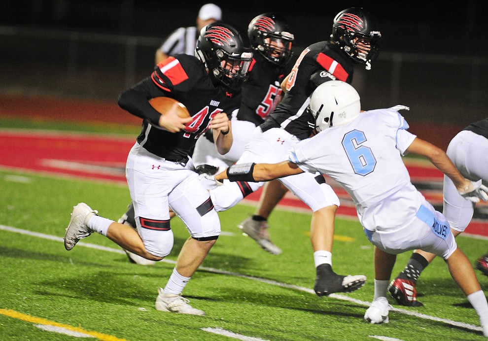 Bradshaw Mountain's Daniel Gobiel returns an interception for a touchdown as the Bears host Estrella Foothills in their 2019 football home opener Friday, Aug. 23, 2019, in Prescott Valley. (Les Stukenberg/Courier)