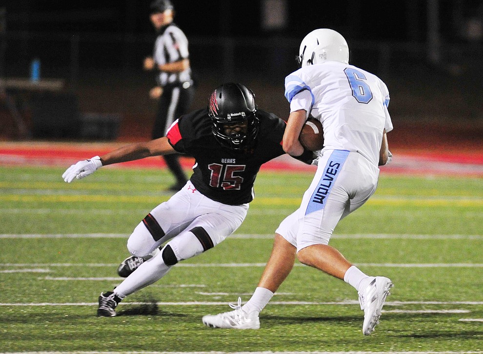Bradshaw Mountain's Moises Hernandez makes an open field tackle as the Bears host Estrella Foothills in their 2019 football home opener Friday, Aug. 23, 2019, in Prescott Valley. (Les Stukenberg/Courier)