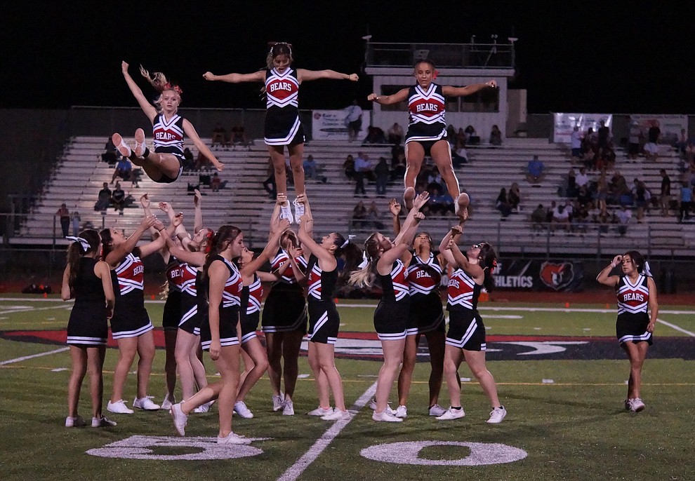 Bradshaw Mountain cheerleaders perform at halftime as the Bears host Estrella Foothills in their 2019 football home opener Friday, Aug. 23, 2019, in Prescott Valley. (Les Stukenberg/Courier)
