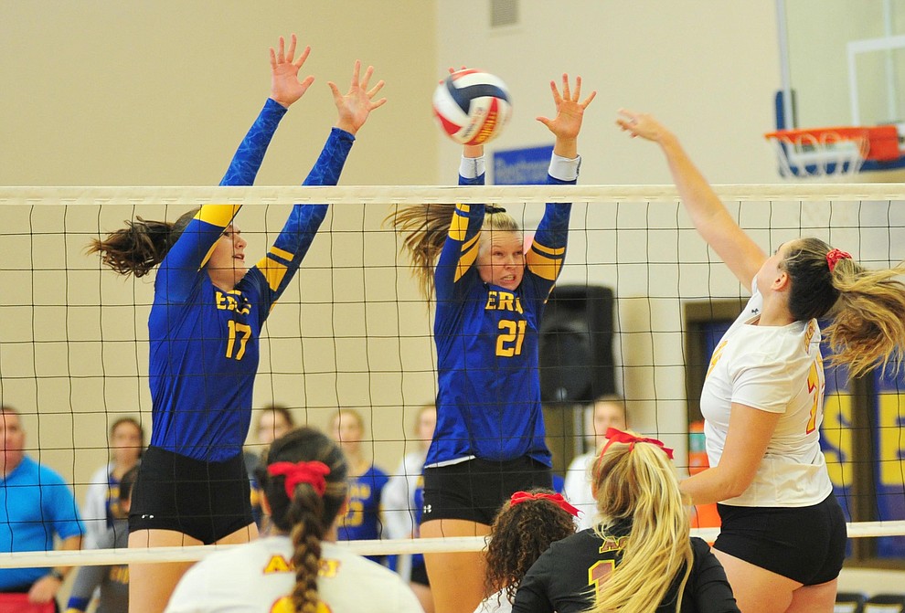 Embry Riddle's Julie Kjenstad and Erin Clark get a block as the Eagles take on Arizona Christian Saturday, Aug. 24, 2019, in Prescott. (Les Stukenberg/Courier)