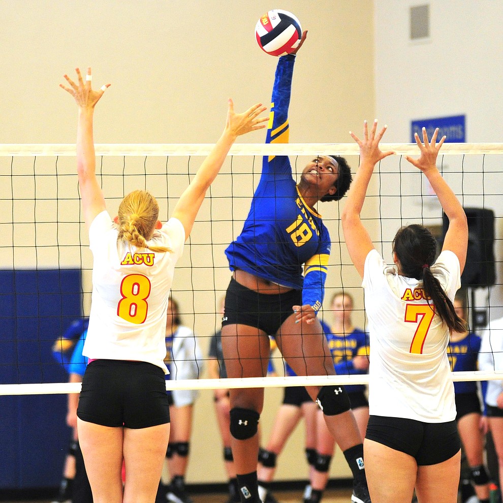 Embry Riddle's Sharik Joseph goes for a kill as the Eagles take on Arizona Christian Saturday, Aug. 24, 2019, in Prescott. (Les Stukenberg/Courier)