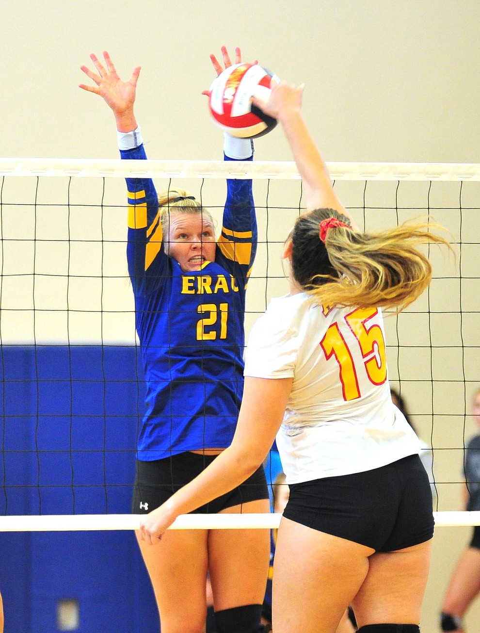 Embry Riddle's Erin Clark gets a block as the Eagles take on Arizona Christian Saturday, Aug. 24, 2019, in Prescott. (Les Stukenberg/Courier)