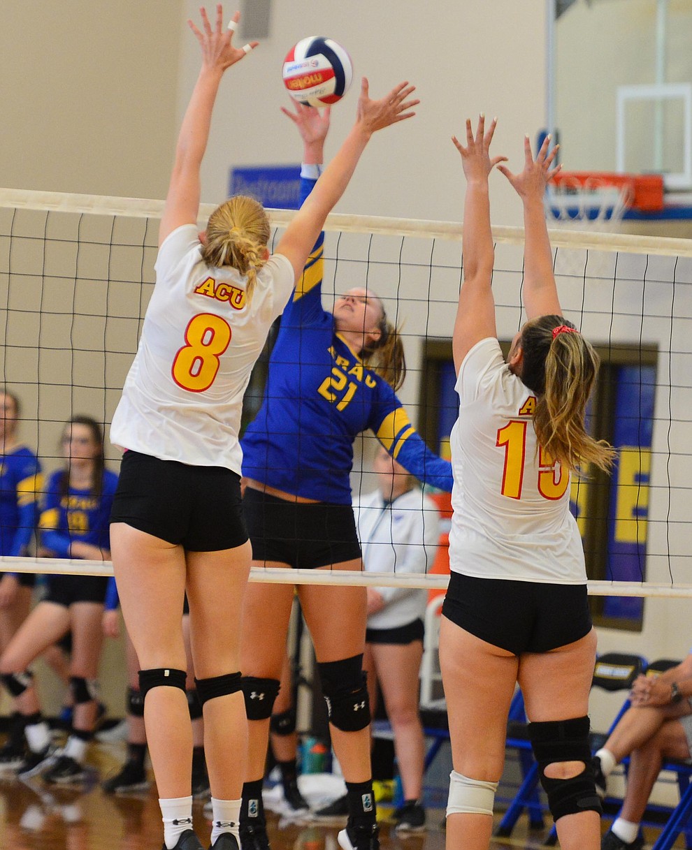 Embry Riddle's Erin Clark goes for a kill as the Eagles take on Arizona Christian Saturday, Aug. 24, 2019, in Prescott. (Les Stukenberg/Courier)