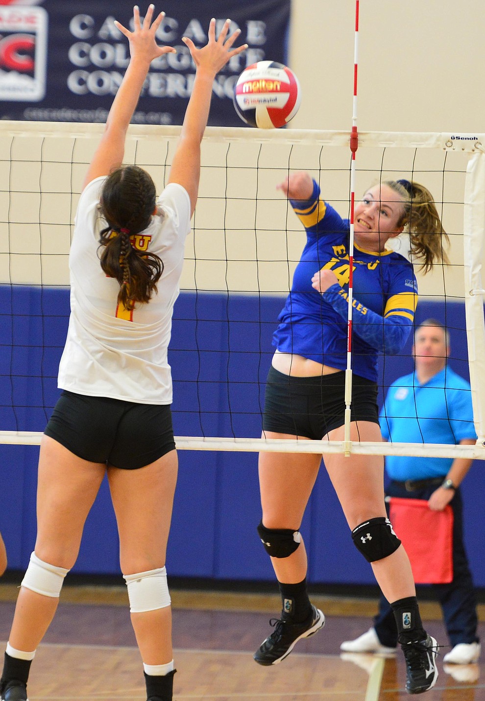 Embry Riddle's Caylee Robalin sends a kill down the line as the Eagles take on Arizona Christian Saturday, Aug. 24, 2019, in Prescott. (Les Stukenberg/Courier)
