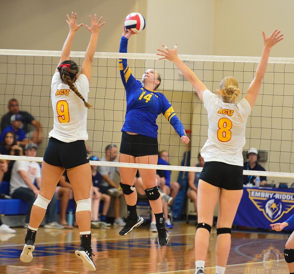 Embry Riddle's Caylee Robalin tries to split the defense as the Eagles take on Arizona Christian Saturday, Aug. 24, 2019, in Prescott. (Les Stukenberg/Courier)