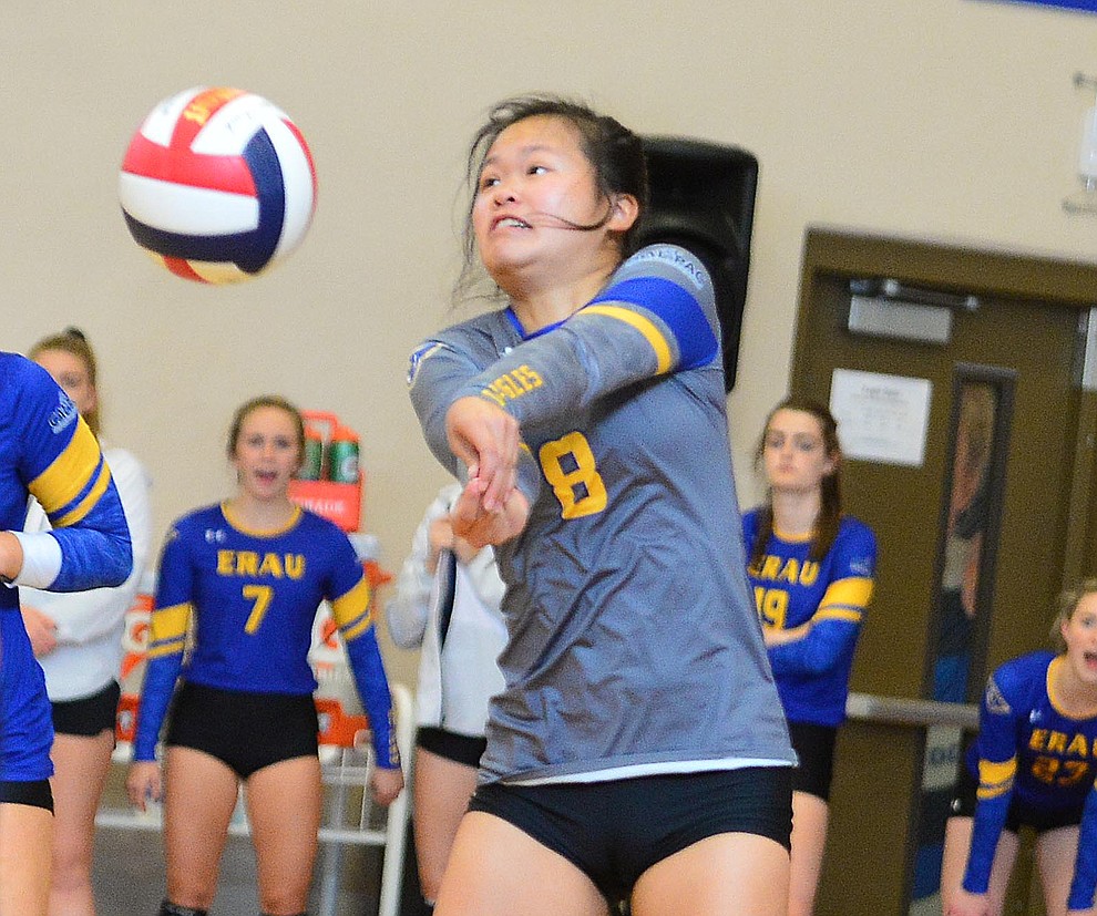Embry Riddle's Kat Yung returns a serve as the Eagles take on Arizona Christian Saturday, Aug. 24, 2019, in Prescott. (Les Stukenberg/Courier)