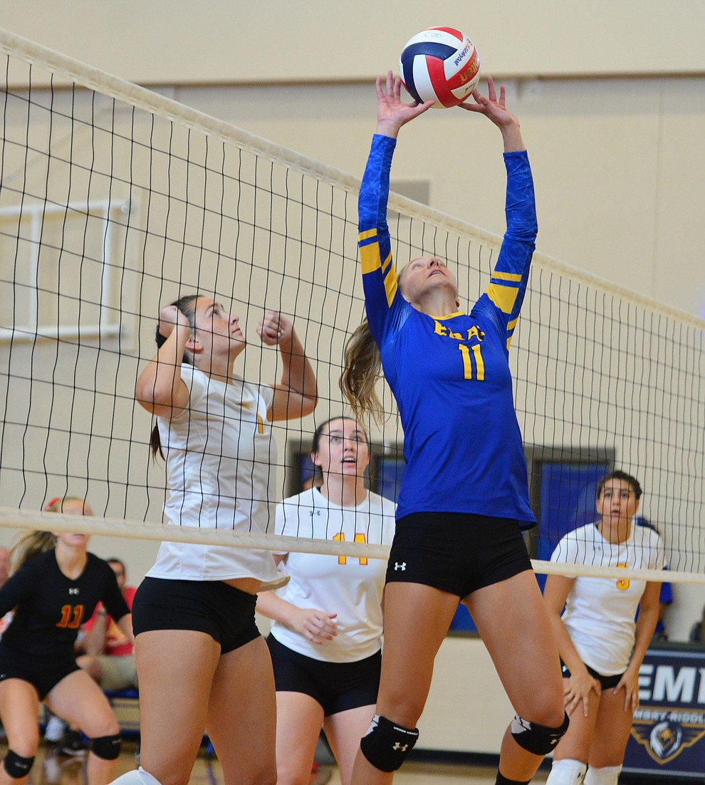 Embry Riddle's Audrey Baldwin sets the ball as the Eagles take on Arizona Christian Saturday, Aug. 24, 2019, in Prescott. (Les Stukenberg/Courier)