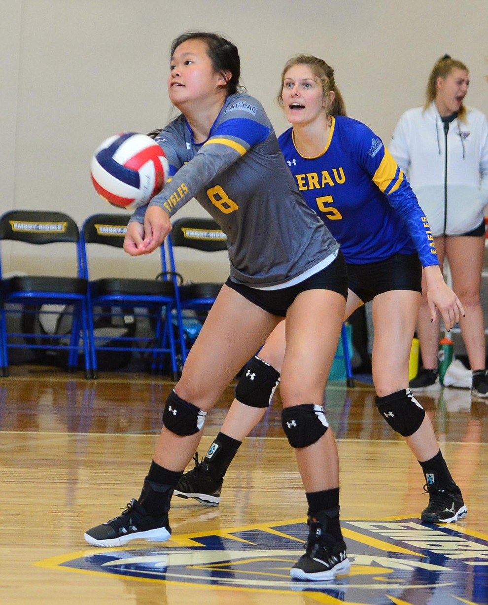 Embry Riddle's Kat Yung returns a serve as the Eagles take on Arizona Christian Saturday, Aug. 24, 2019, in Prescott. (Les Stukenberg/Courier)