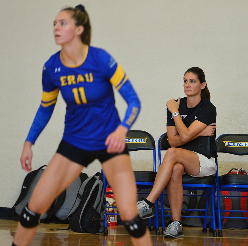 Embry Riddle Head Coach Jill Blasczyk watches the action as the Eagles take on Arizona Christian Saturday, Aug. 24, 2019, in Prescott. (Les Stukenberg/Courier)