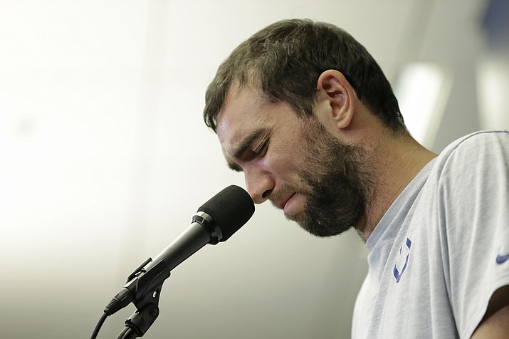 Indianapolis Colts quarterback Andrew Luck speaks during a news conference following the team's NFL preseason football game against the Chicago Bears, Saturday, Aug. 24, 2019, in Indianapolis. The oft-injured star is retiring at age 29. (AJ Mast/AP)